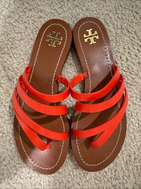 Tory Burch Orange Multi-Strap Leather Slide Sandals